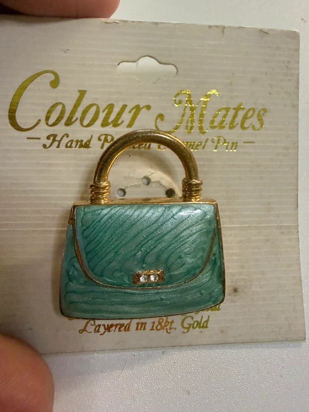 Colour Mates Hand Painted Aqua Enamel Purse Brooch 18K Gold Crystal Pin